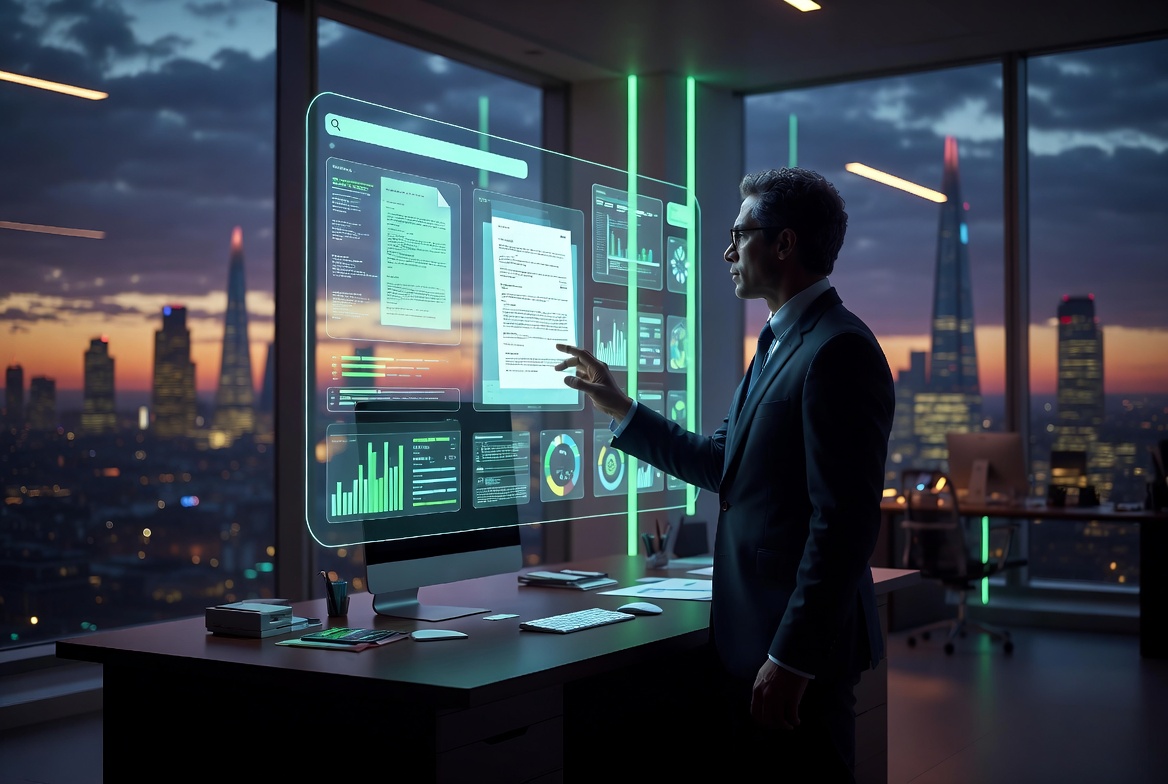 Fiscus AI tax agent interface showing holographic UK tax analysis in a futuristic London workspace